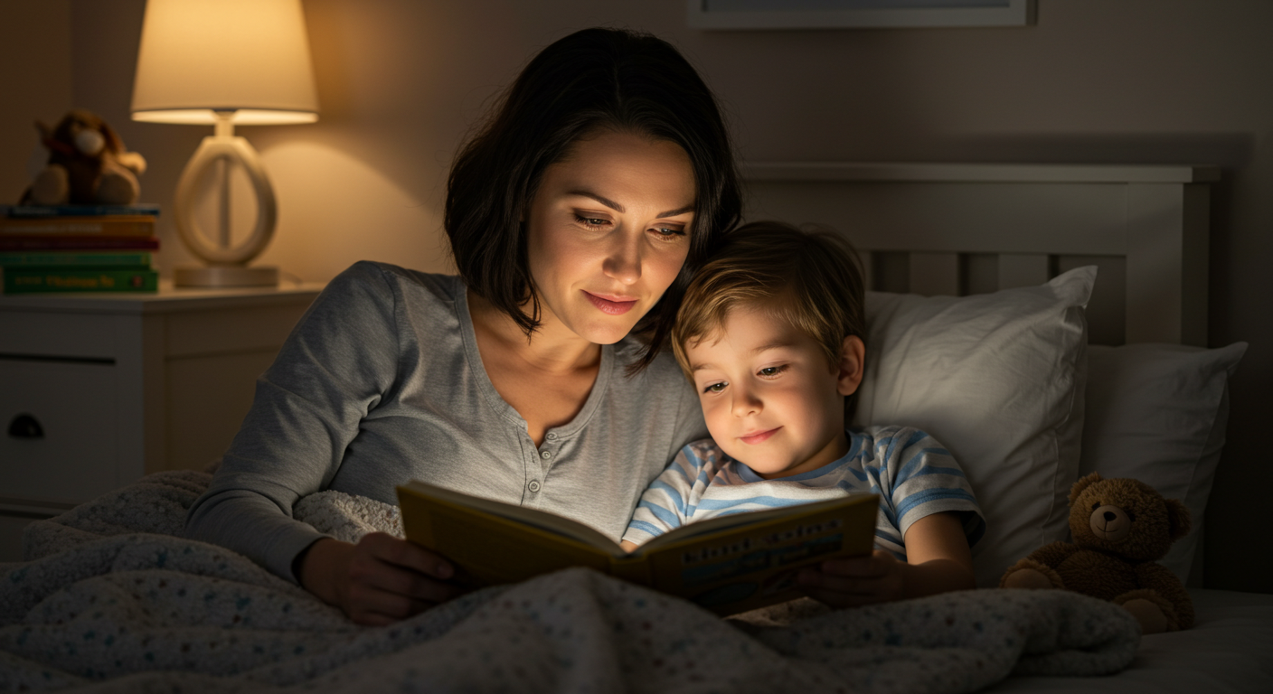 Мама читает сыну перед сном, создавая эмоциональную связь