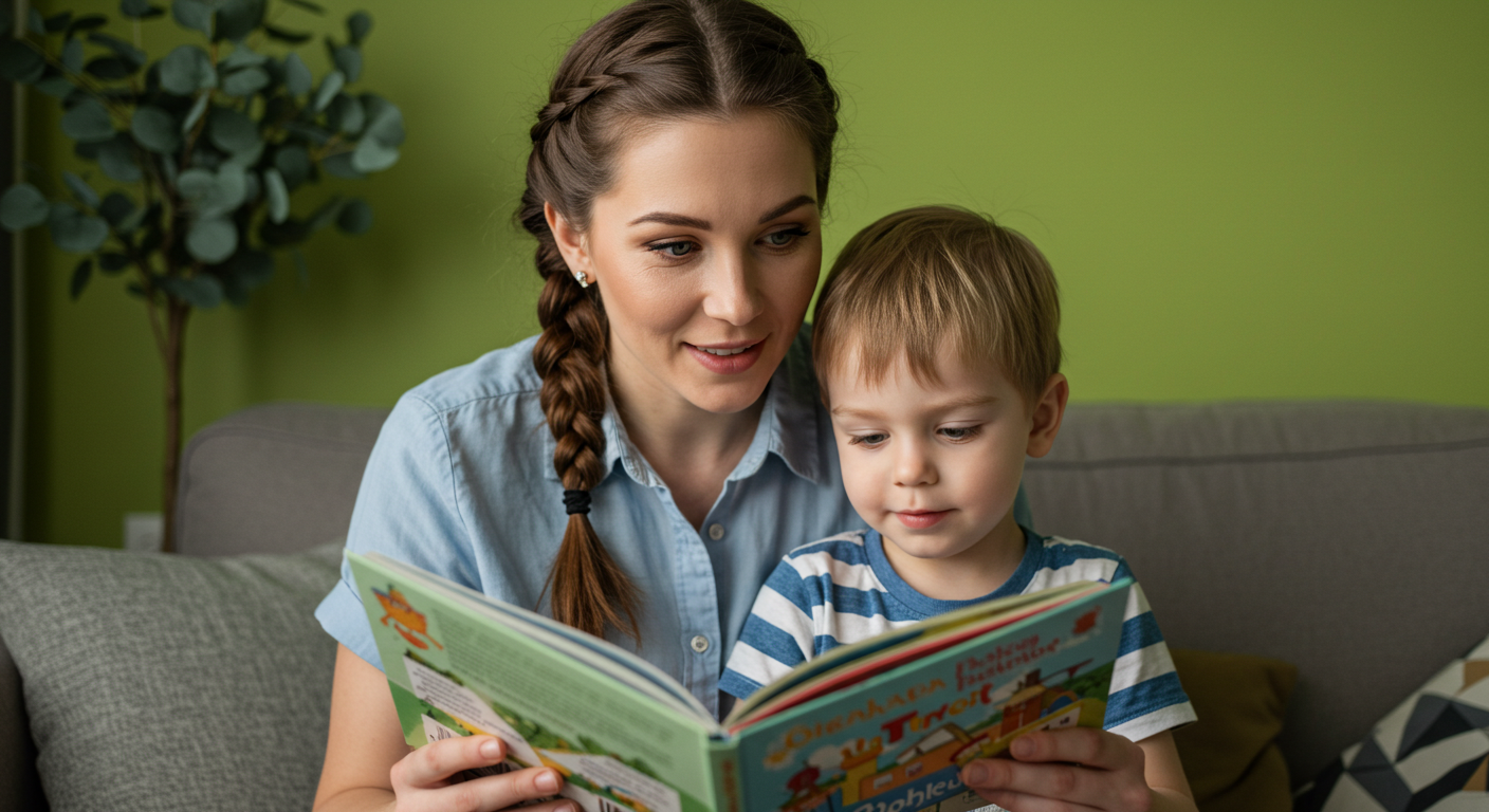 Мама читает книге сыну на фоне комнаты с лаймовыми стенами и растением