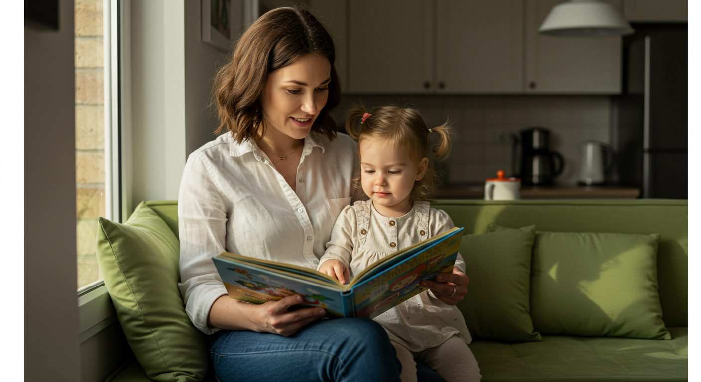 Мама читает книгу с дочкой на подоконнике в кухне с оливковыми тонами