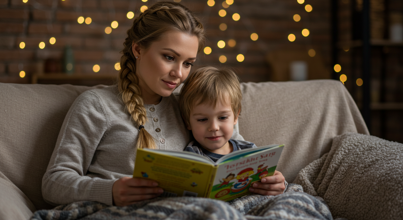 Мама читает книгу сыну на фоне кирпичной стены с огоньками