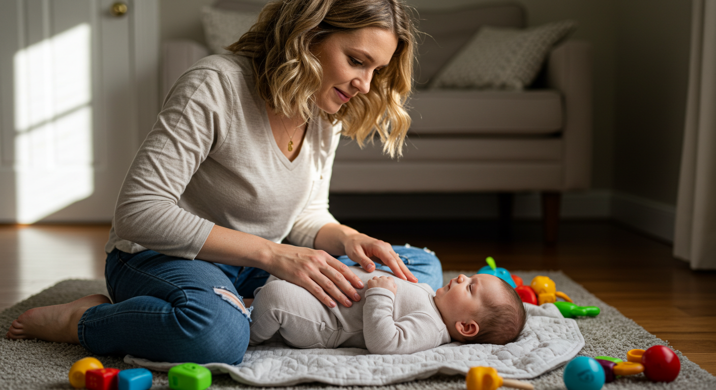 Мама делает массаж животика своему месячному ребенку на коврике в солнечной комнате