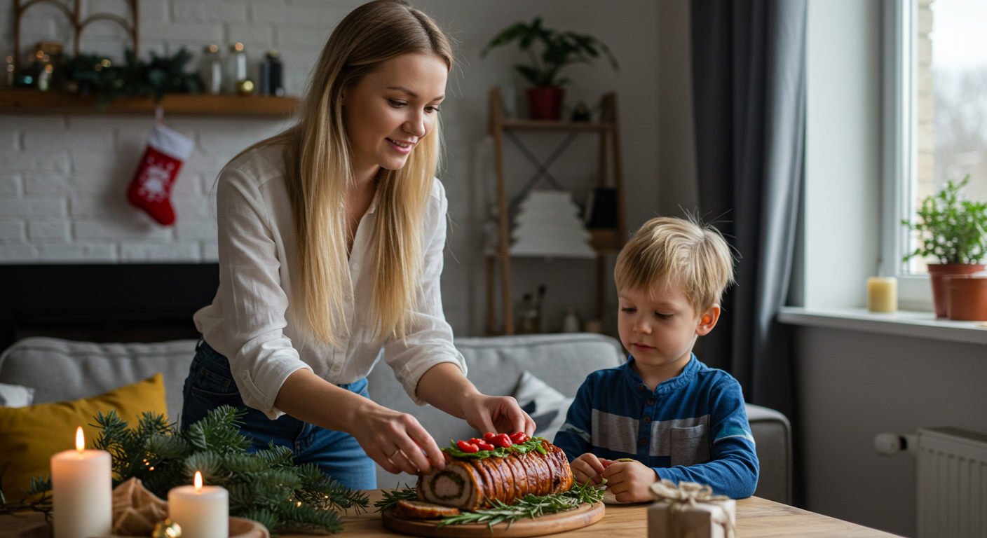 Мама готовит рулет из сала с зеленью на столе, сын наблюдает за ней