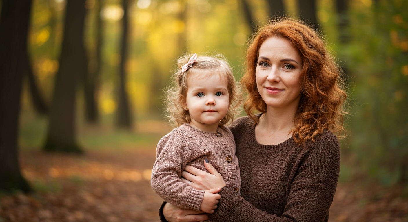 Мама гуляет с дочкой по осеннему парку, держась за руки