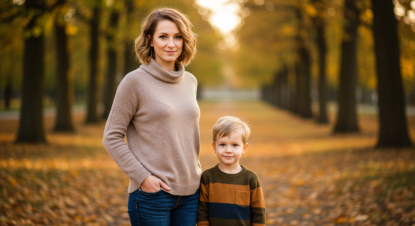 Мама гуляет с сыном по парку в осеннее время