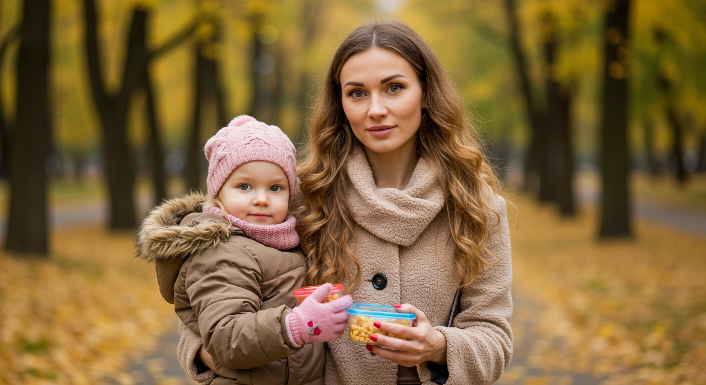 Мама и дочь гуляют в парке, держа контейнеры с перекусами
