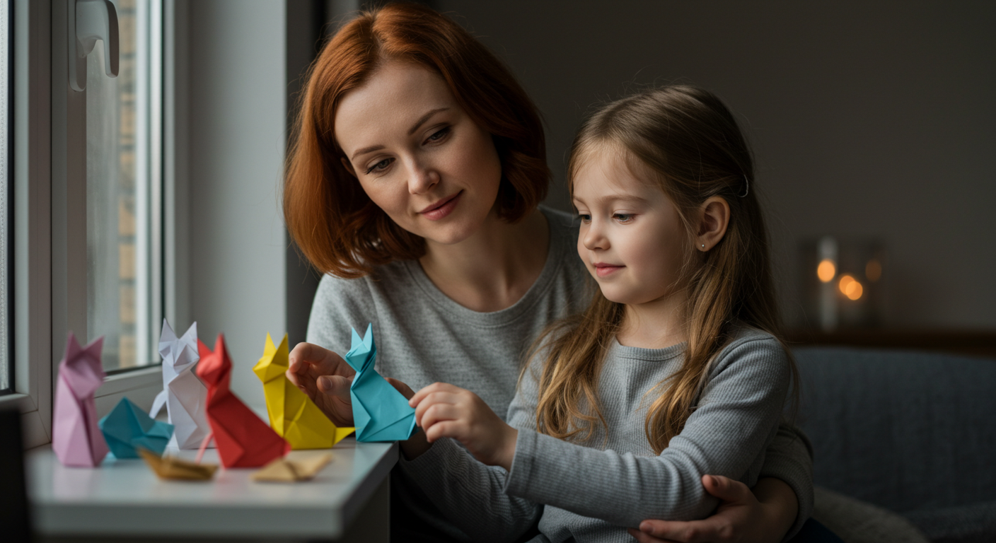 Мама и дочь показывают готовые оригами коты у окна в уютной комнате
