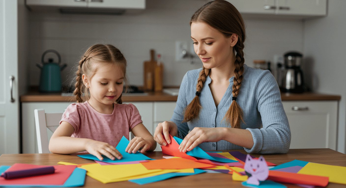 Мама и дочь складывают цветную бумагу, рядом играющий бумажный кот