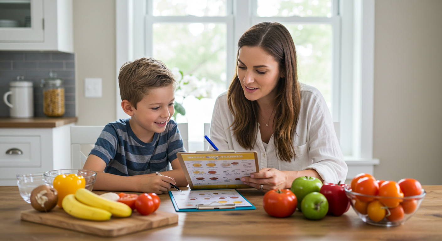Мама и сын обсуждают план перекусов на неделю за обеденным столом