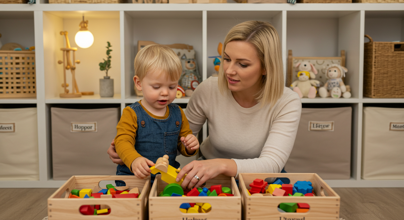 Мама и сын расставляют игрушки в организованной детской зоне дома