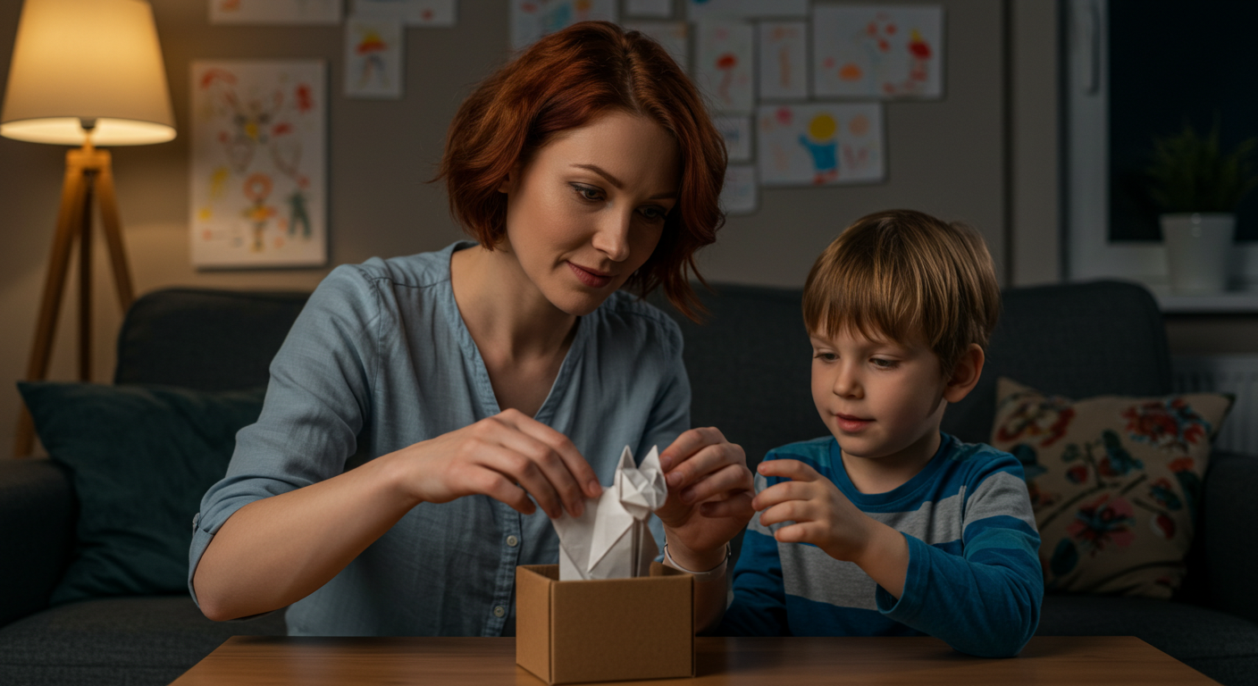 Мама и сын ставят готового оригами кота в коробку