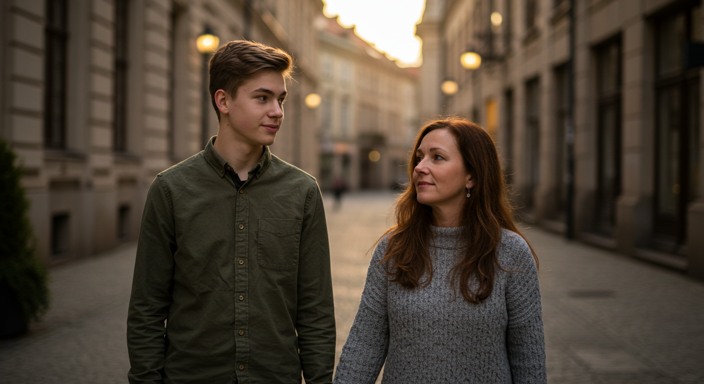 Мама идет с подростком по городскому двору, держась за руки при заходе солнца