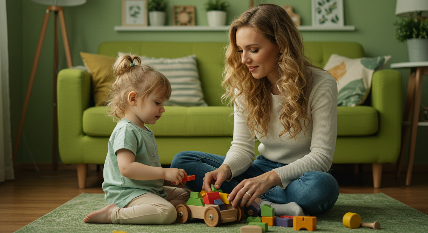 Мама играет с дочерью на ковре в комнате с лаймовыми акцентами