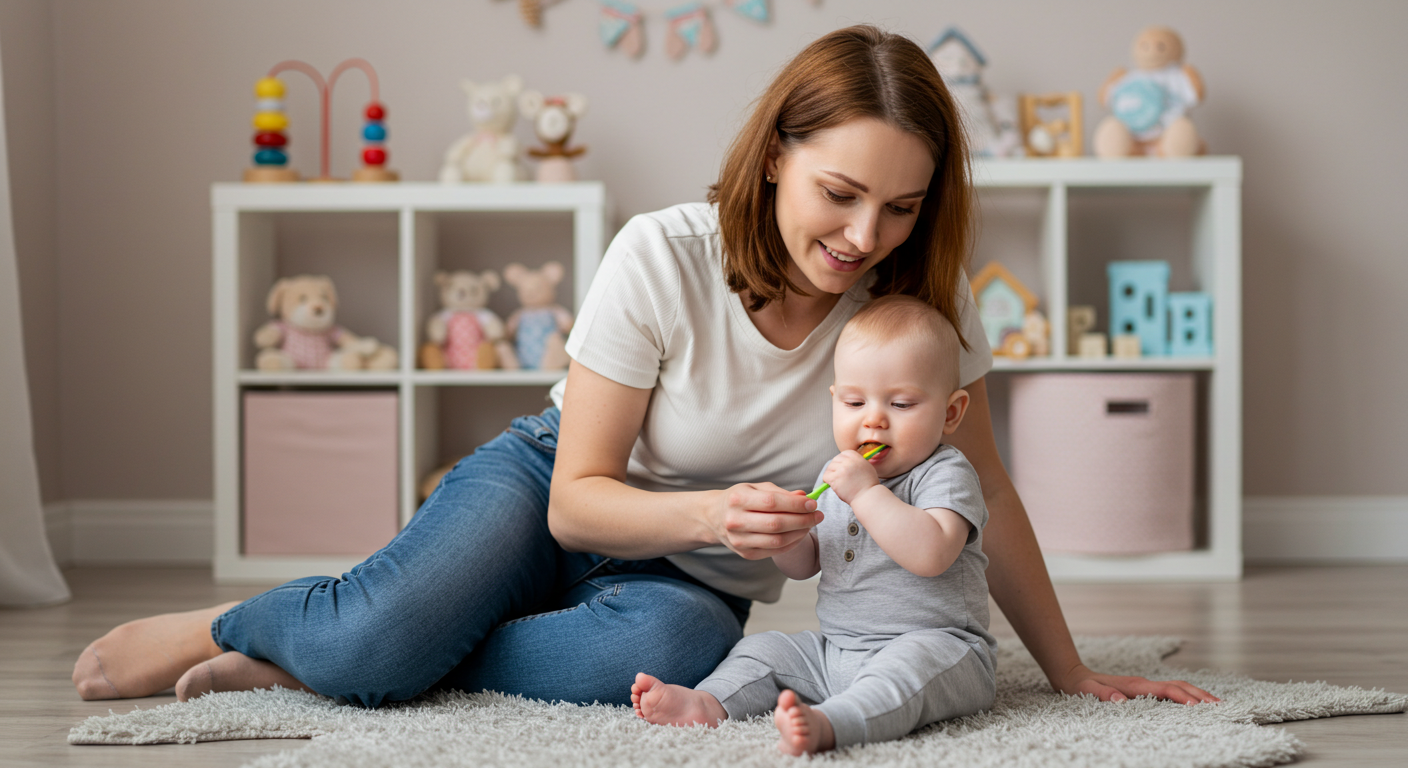 Мама наблюдает за сыном с пустой ложкой в уютной детской