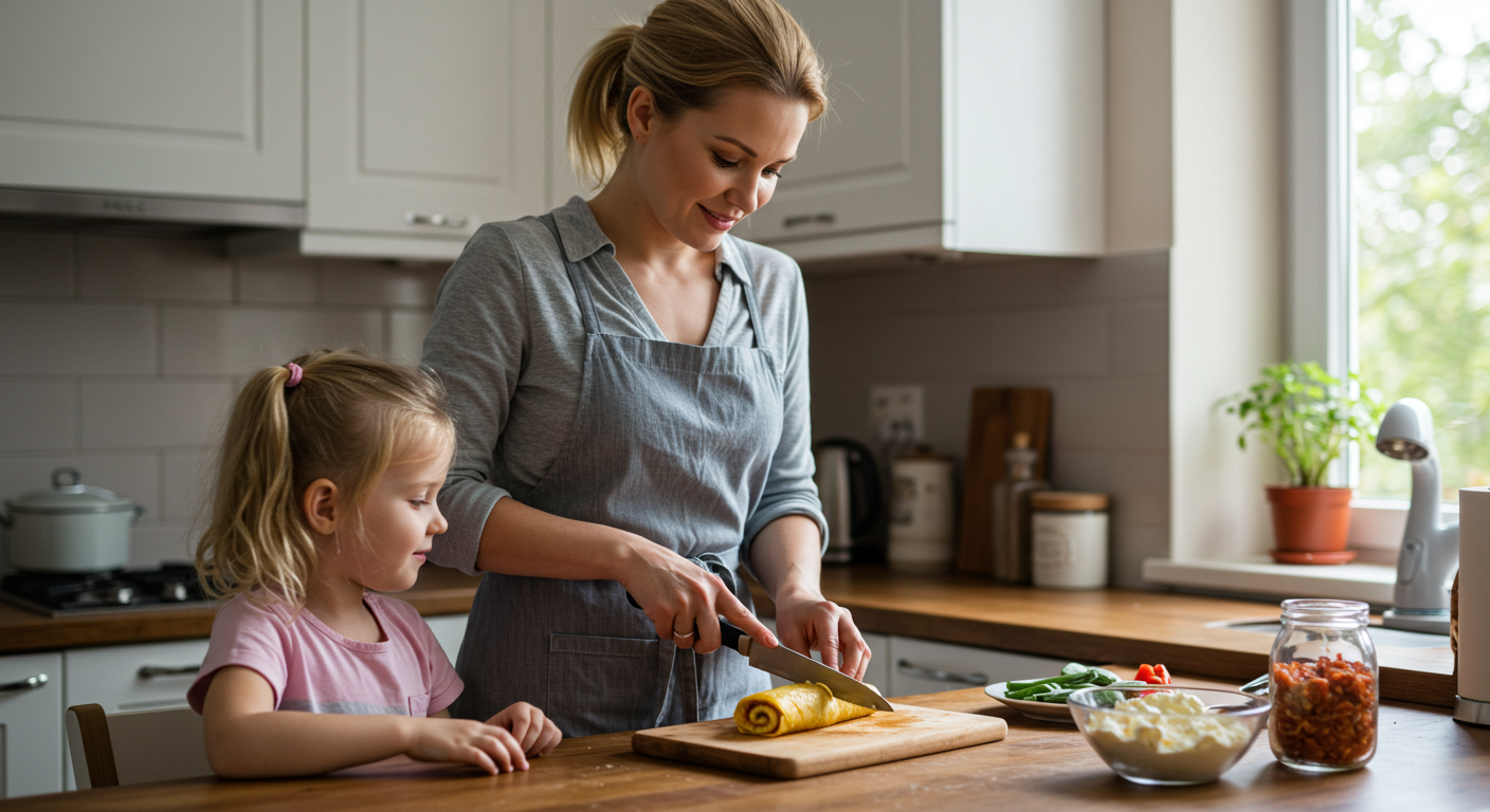 Мама нарезает рулет в современном кухне, дочка смотрит с высокого стула
