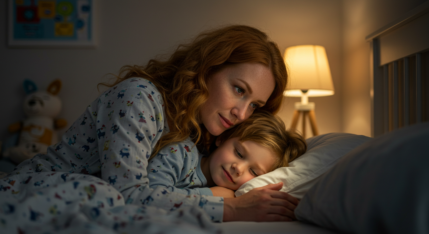 Мама обнимает 5-летнего сына перед сном в детской комнате