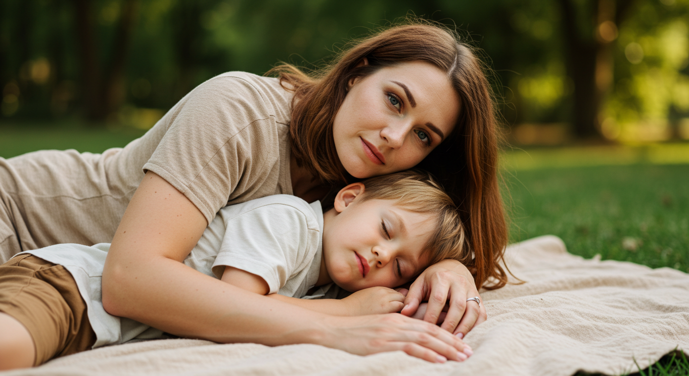 Мама обнимает уснувшего сына на нейтральном пледе в парке