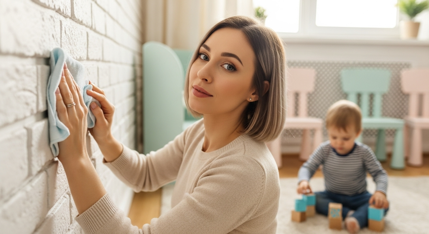 Мама очищает кирпичную стену в яркой детской, пока мальчик играет с кубиками