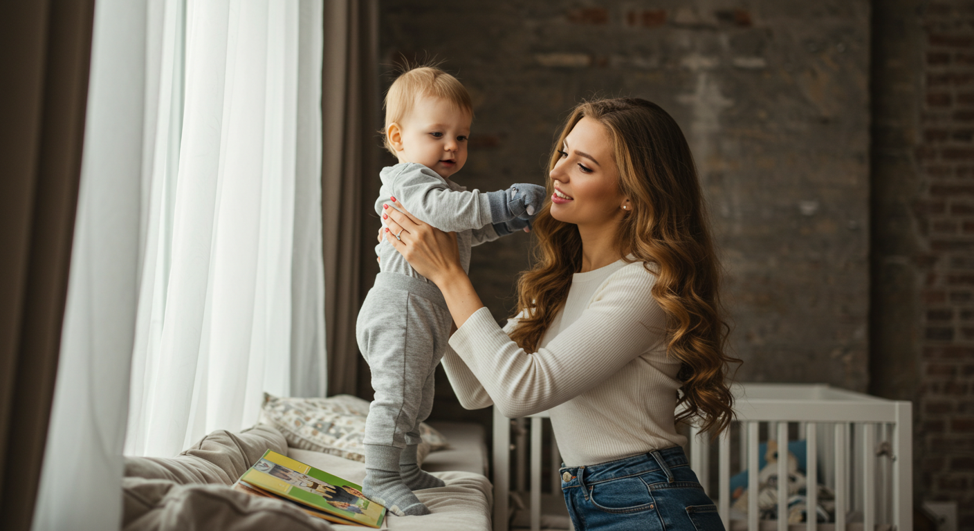 Мама поднимает сына в уютную зону для чтения с мягкими игрушками