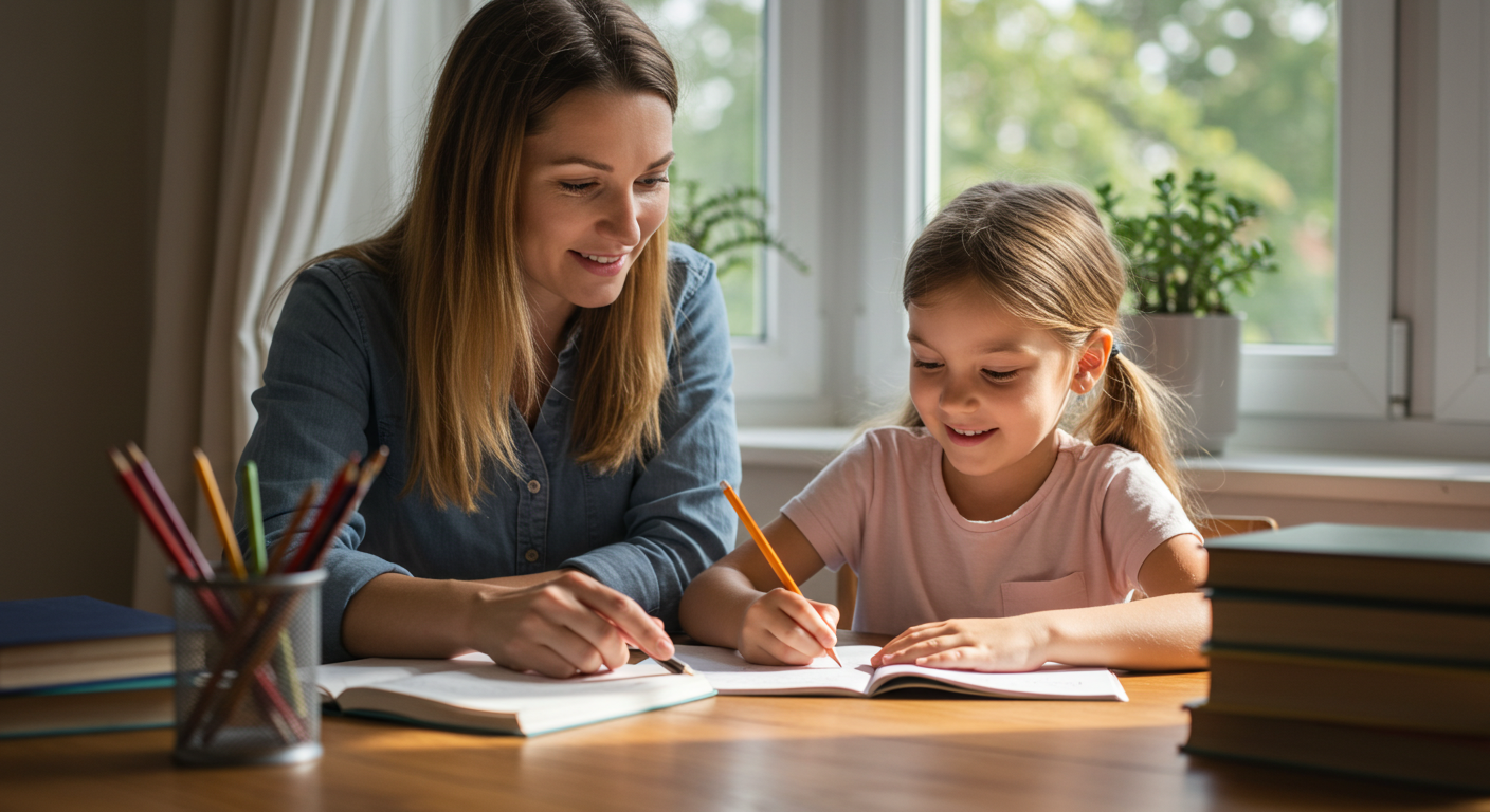 Мама помогает дочери с домашним заданием за деревянным столом