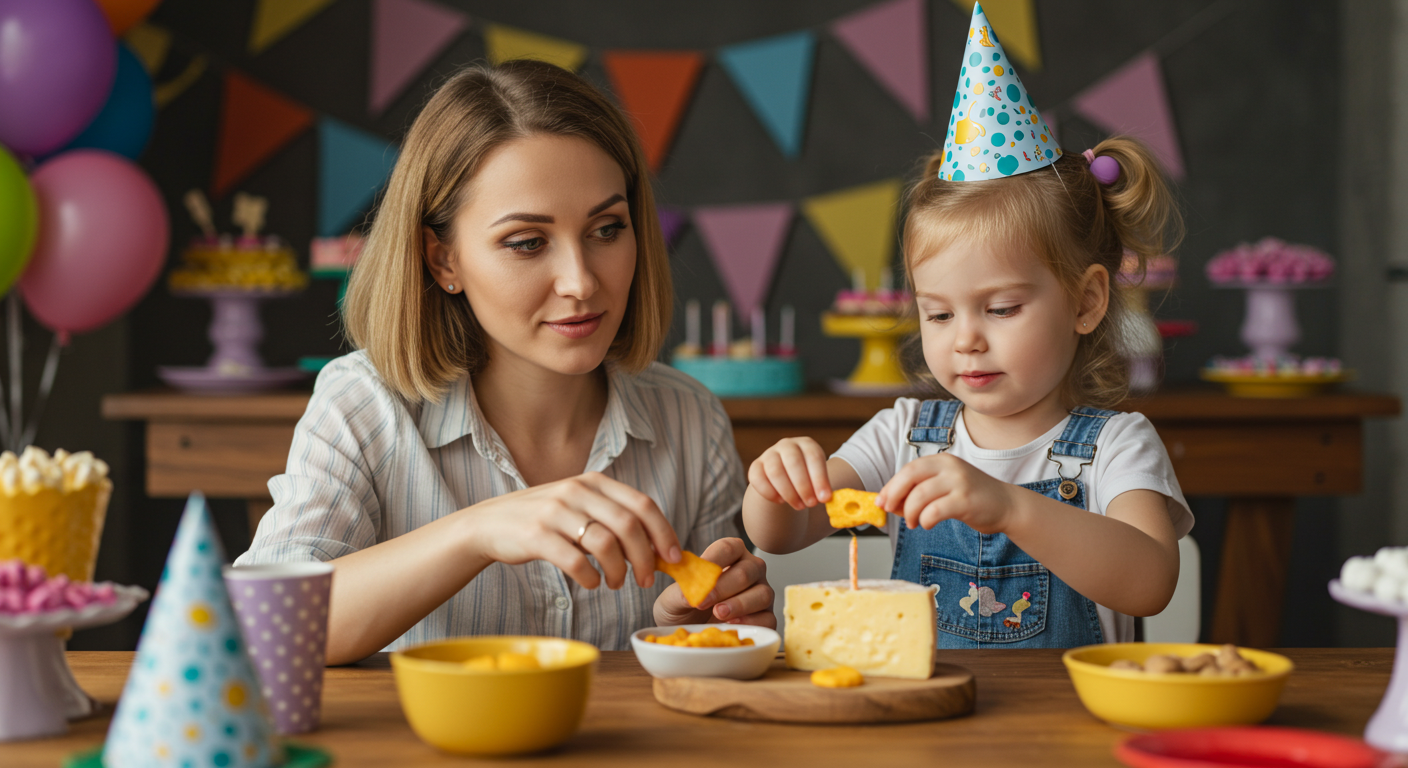 Мама помогает дочери украсить закуски на празднике с флажками