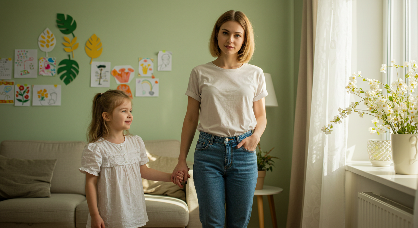 Мама помогает дочке украсить салатовую стену в светлой гостиной