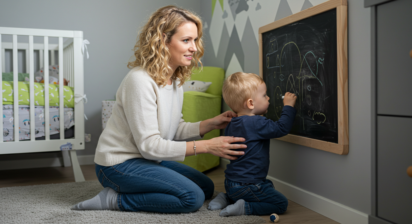 Мама помогает сыну рисовать на доске в серо-лаймовой детской комнате