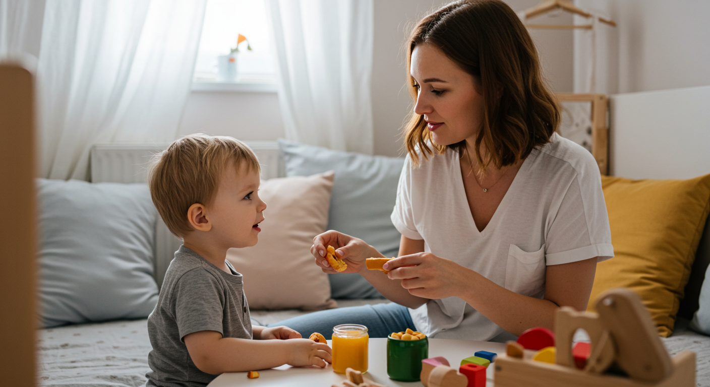 Мама помогает сыну выбрать между двумя полезными перекусами в детской