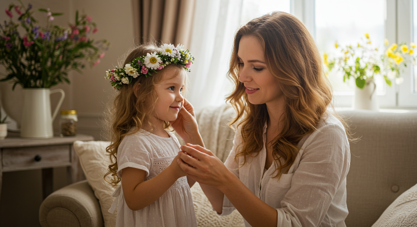 Мама поправляет цветочный венок на голове дочери в уютной комнате