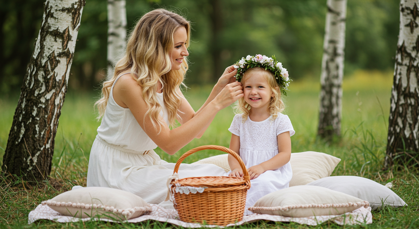 Мама поправляет венок на голове дочери рядом с пикниковой корзиной