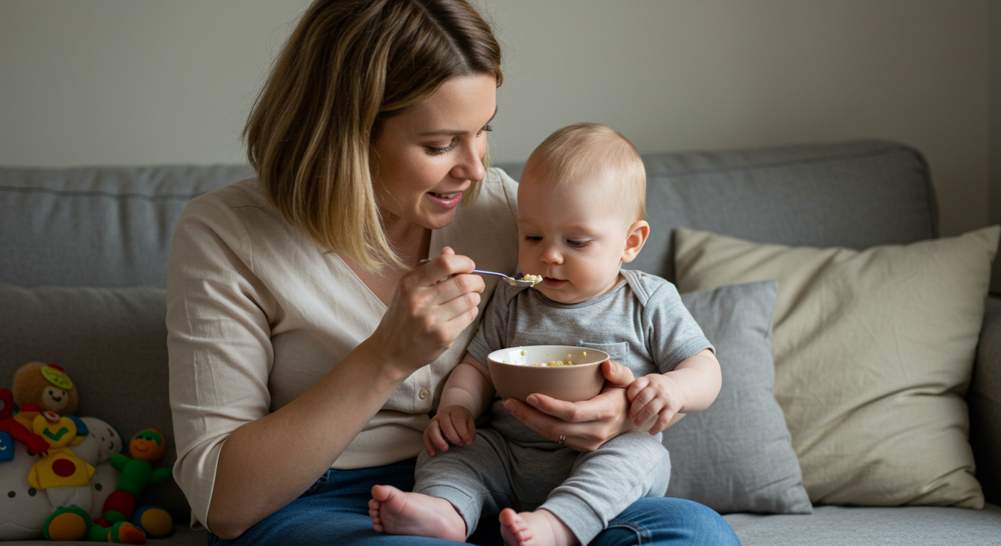 Мама предлагает 7-месячному сыну ложку каши в гостиной с мягким освещением