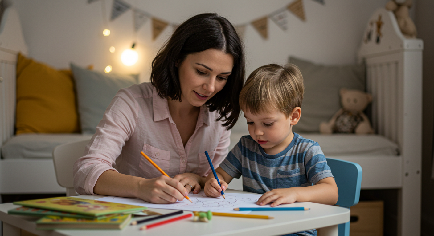 Мама рисует с сыном в детской комнате с мягким светом