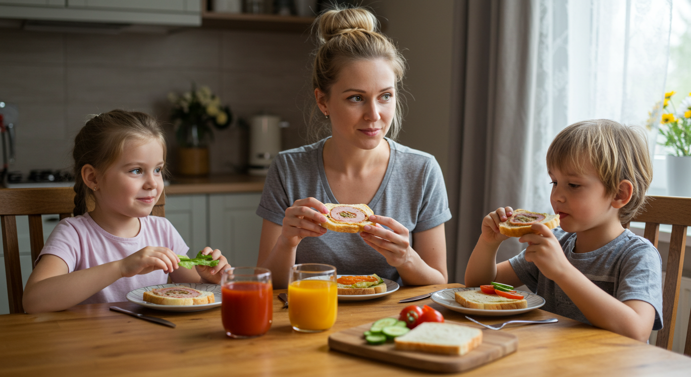 Мама с детьми наслаждаются сэндвичами с домашним рулетом из сала на обеденном столе