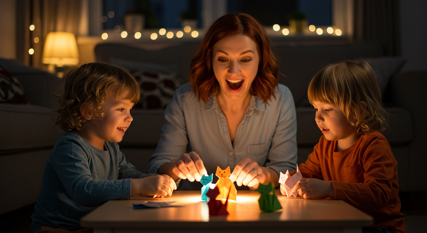Мама с детьми устраивают спектакль с кошками оригами у низкого столика
