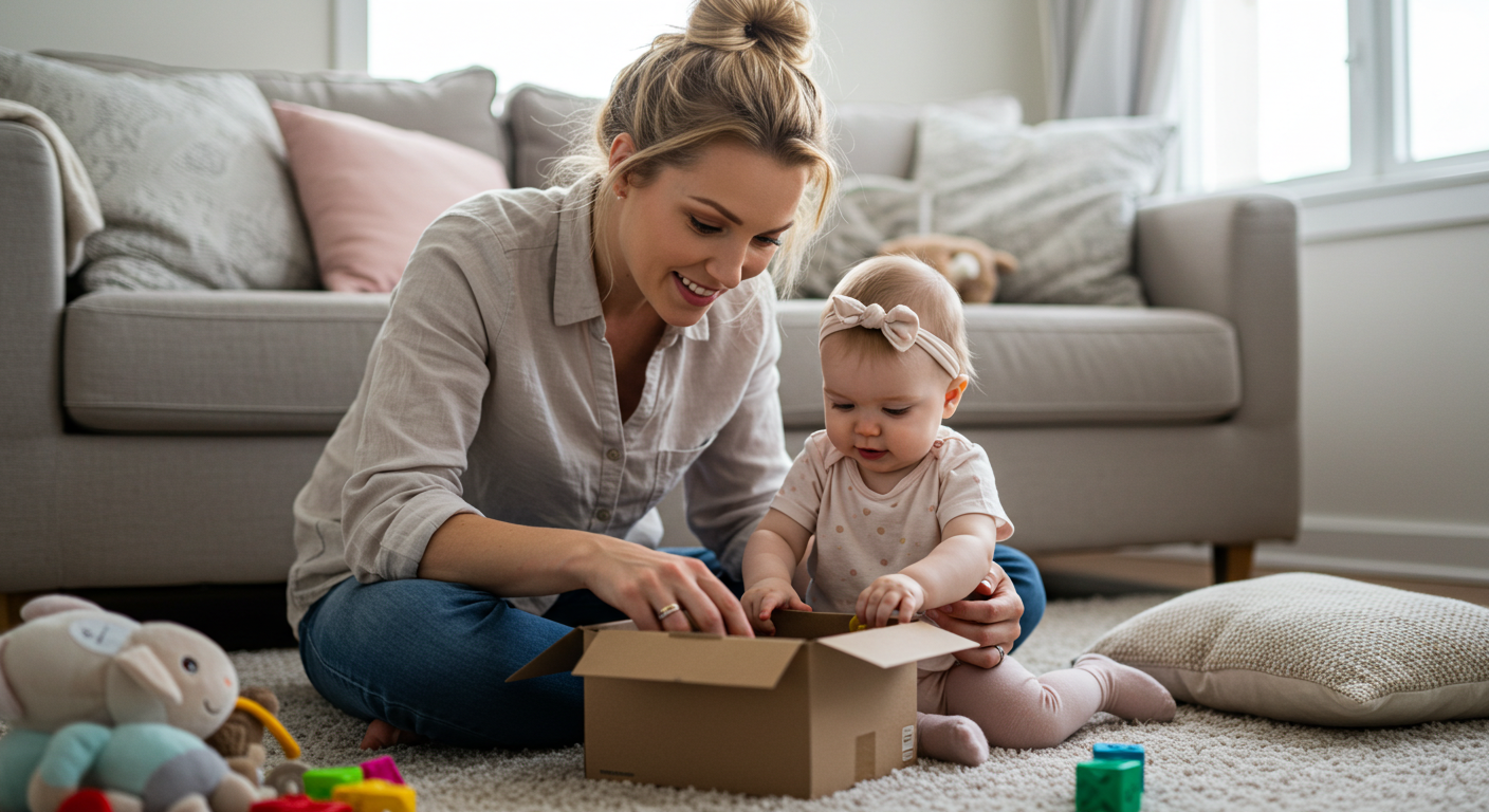 Мама с дочерью исследуют коробку с детскими кашами на ковре в гостиной