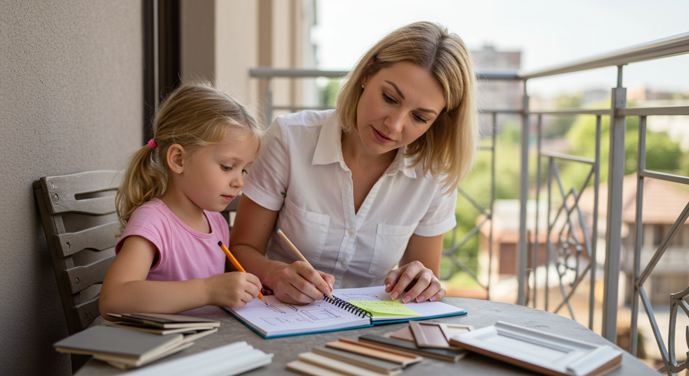 Мама с дочерью на балконе создают эскизы фасадного декора