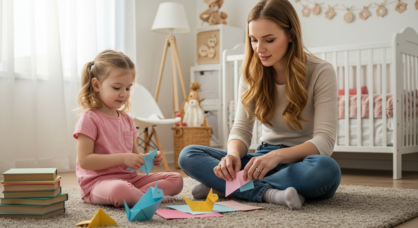 Мама с дочерью складывают бумажных котиков в ярком детском саду