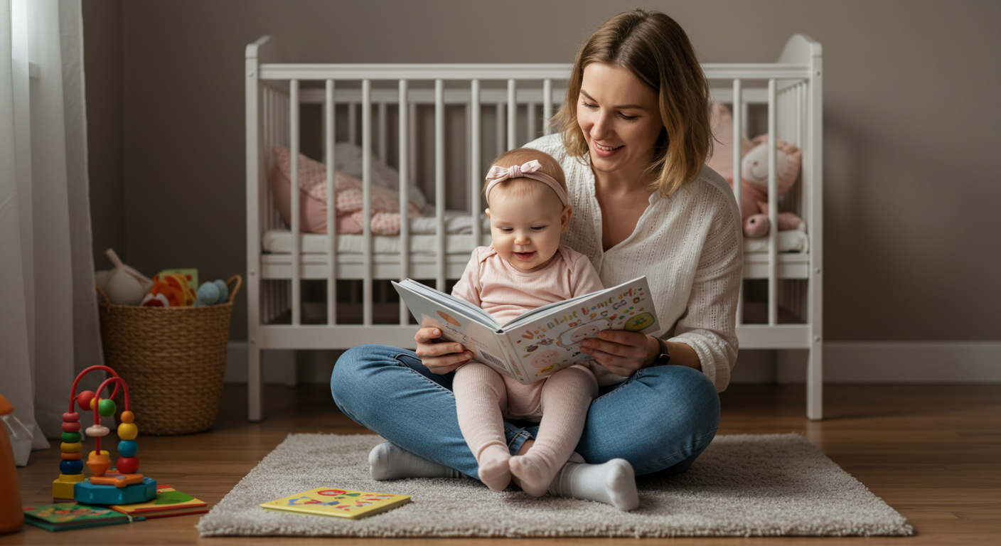 Мама с дочерью смотрят на журнал о прикорме в уютной комнате