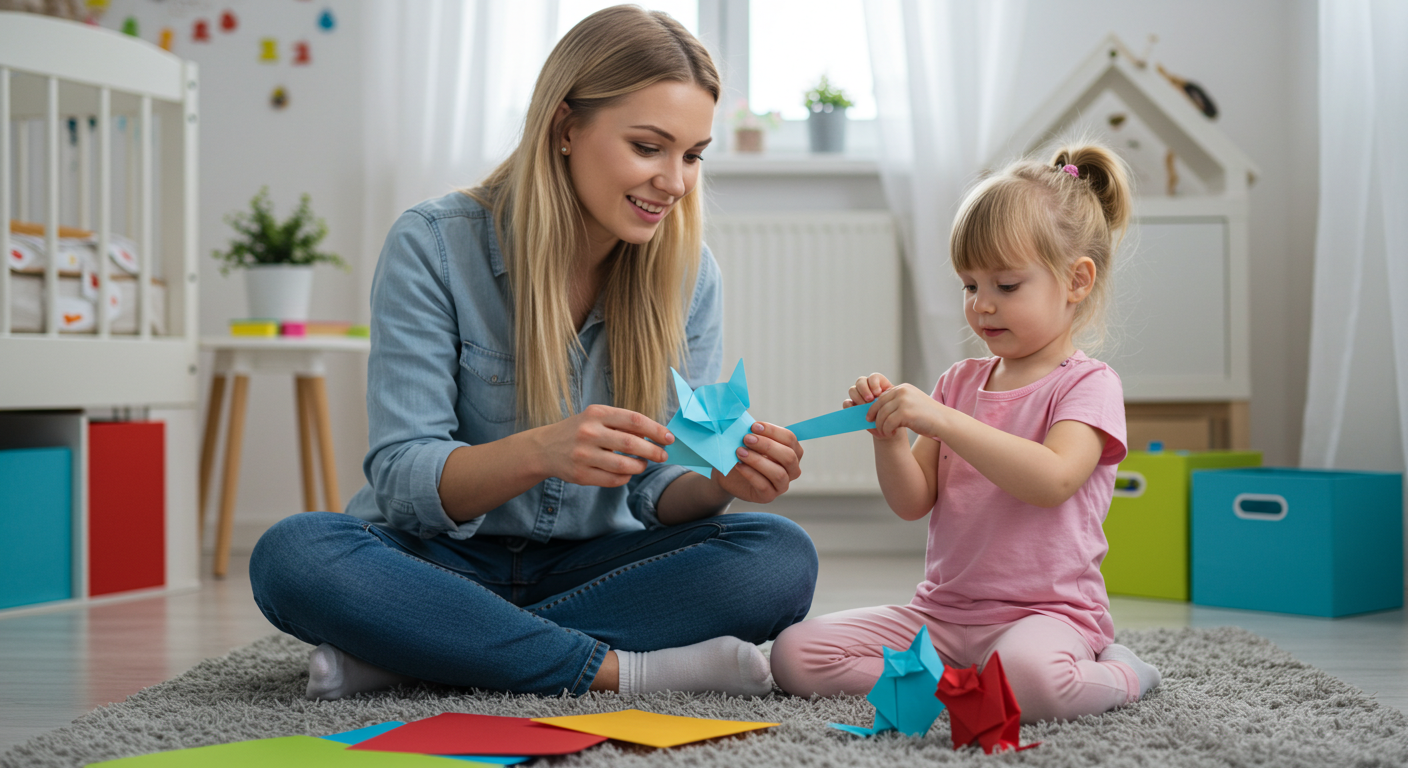 Мама с дочерью собирают оригами кота на мягком коврике