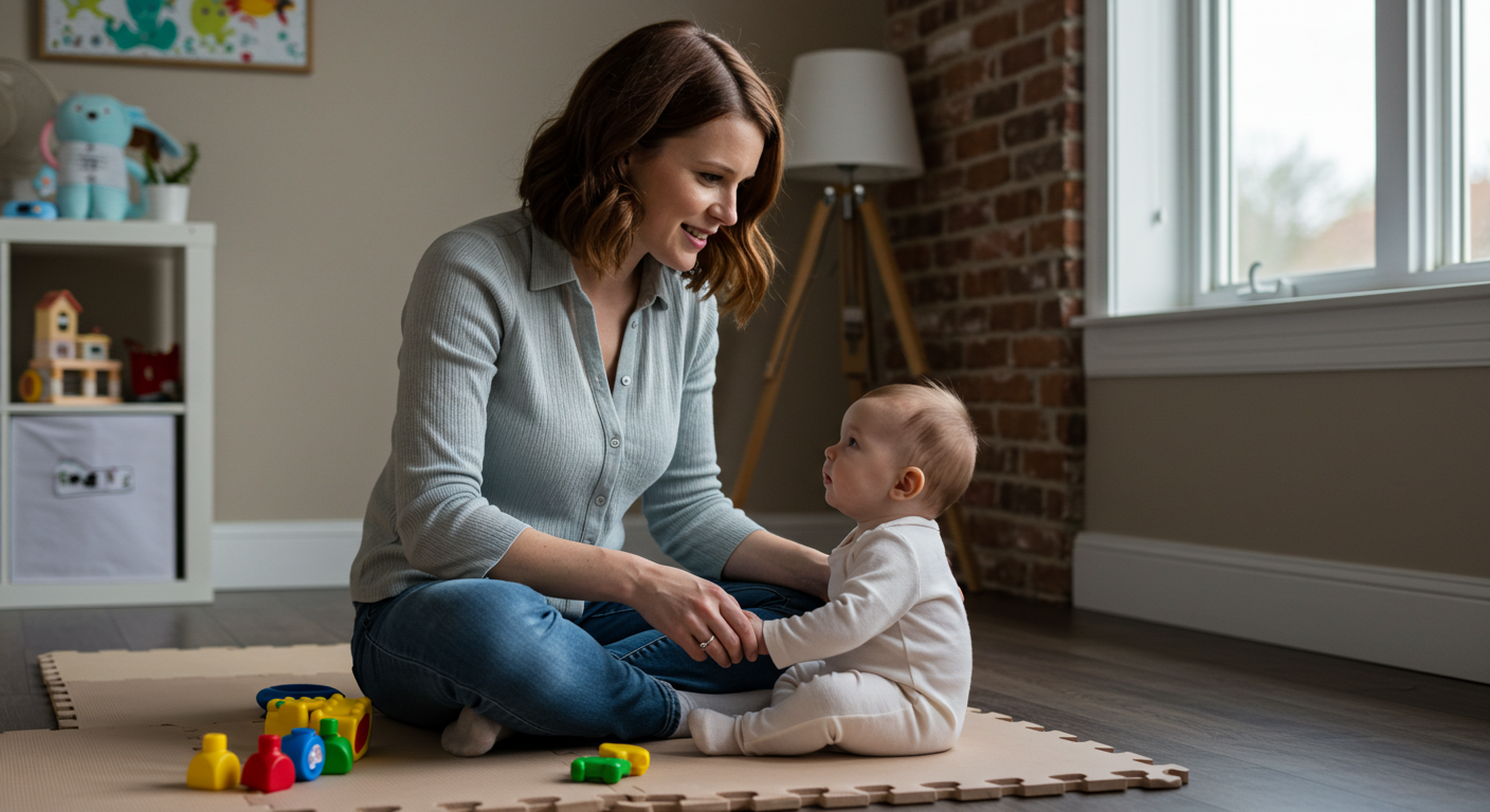 Мама с ребенком на коврике в детской с белой кирпичной стеной