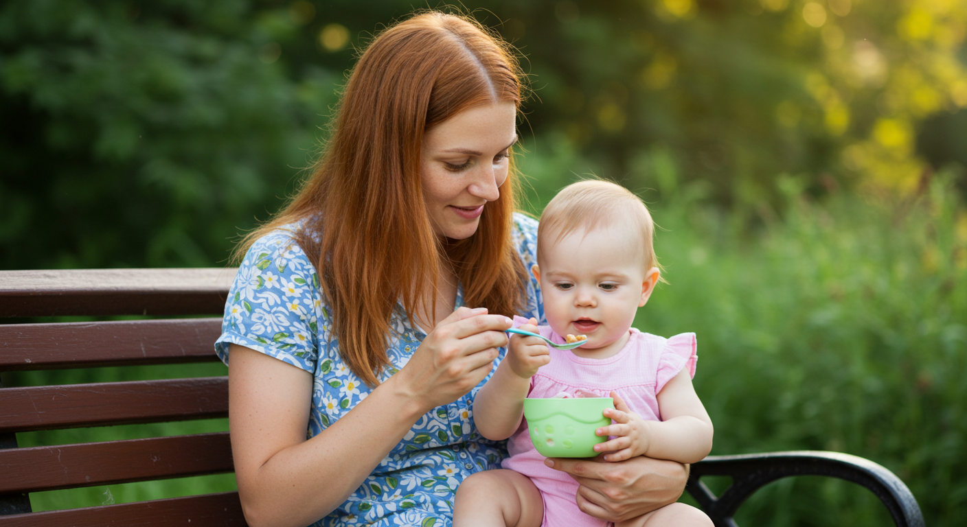 Мама с шестимесячной дочерью смотрят на ложку с кашей в парке
