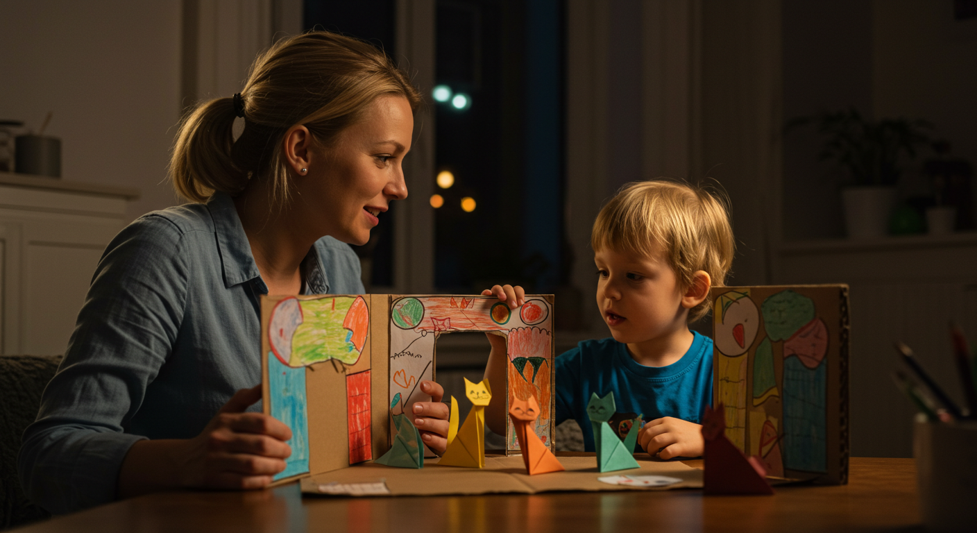 Мама с сыном играют в бумажный театр с оригами кошками