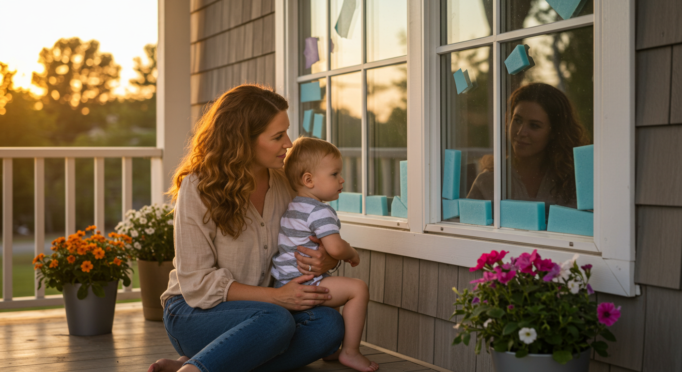 Мама с сыном любуются оформлением окон с пенопластовыми элементами