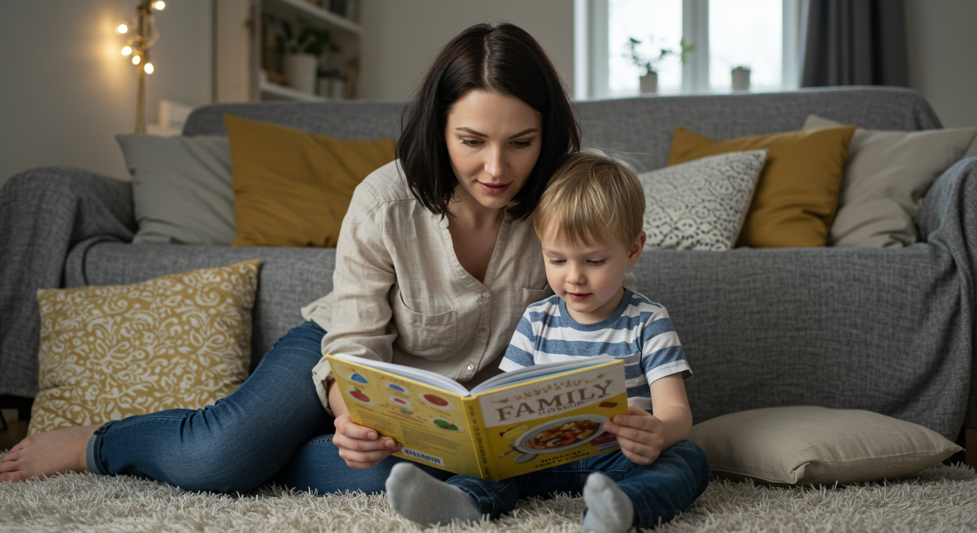 Мама с сыном рассматривают кулинарную книгу с рецептами рулетов