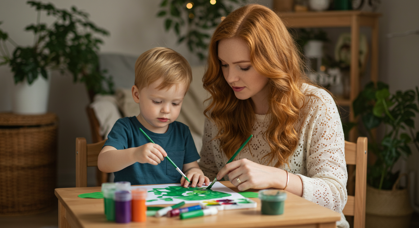 Мама с сыном рисует на столе в комнате с зелеными акцентами и мягким светом