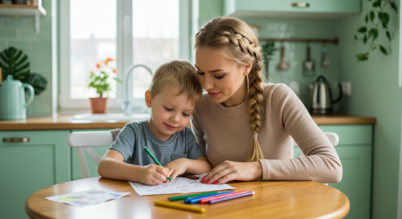 Мама с сыном рисует за круглым столом в мятной кухне с мягкими акцентами
