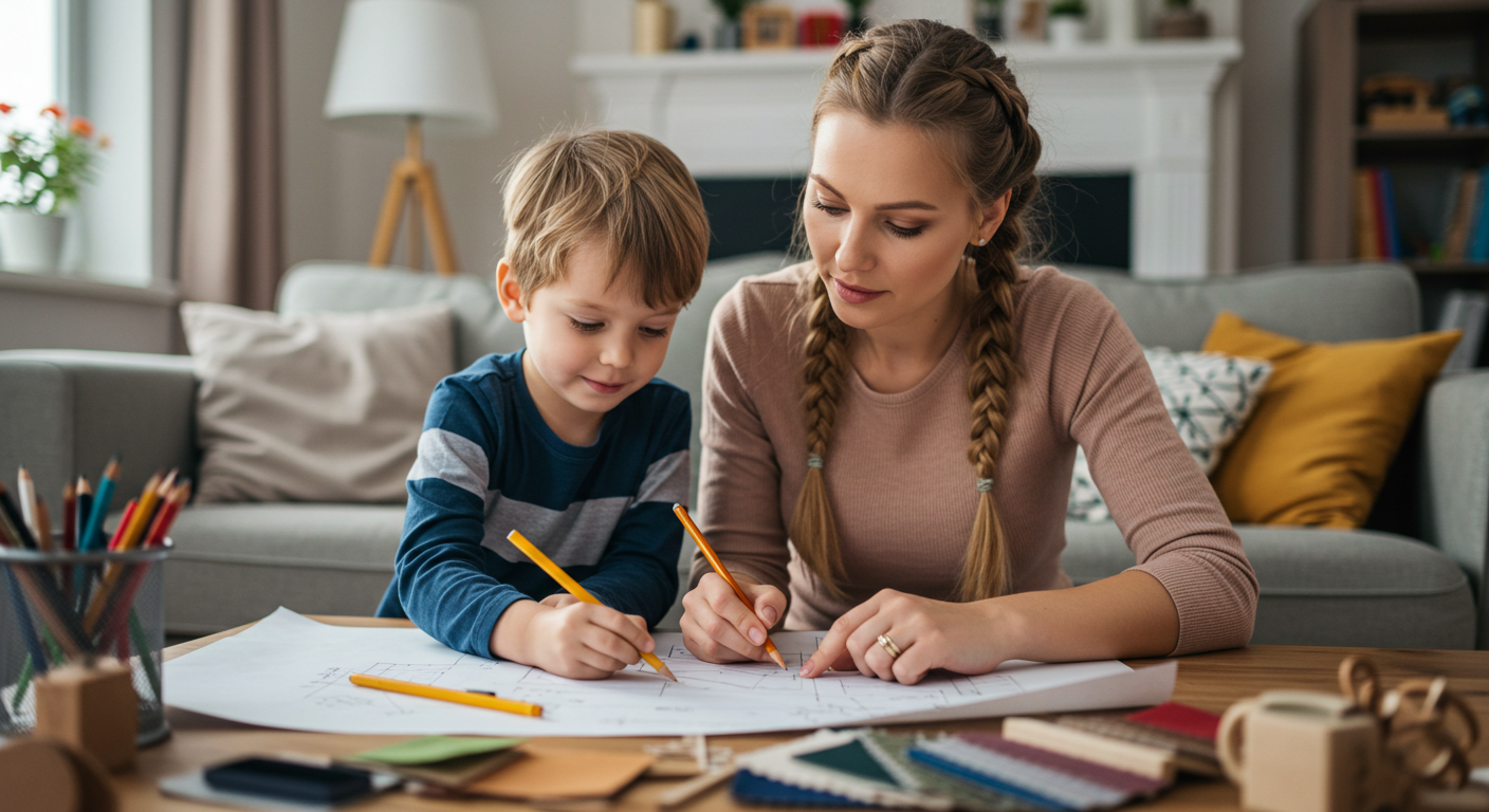 Мама с сыном рисуют планы декора окон в уютной гостиной