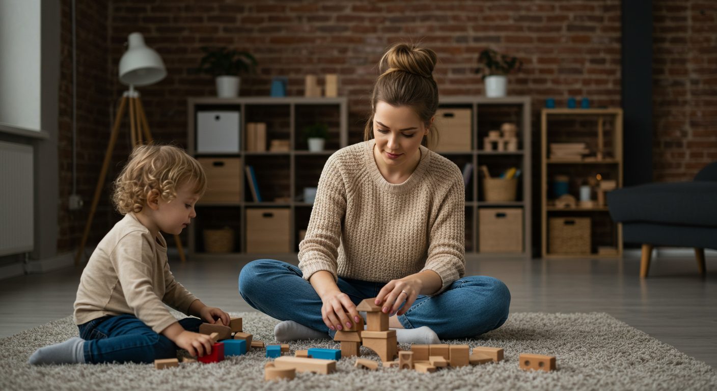 Мама с сыном строят башню из деревянных блоков в лофте с ковром