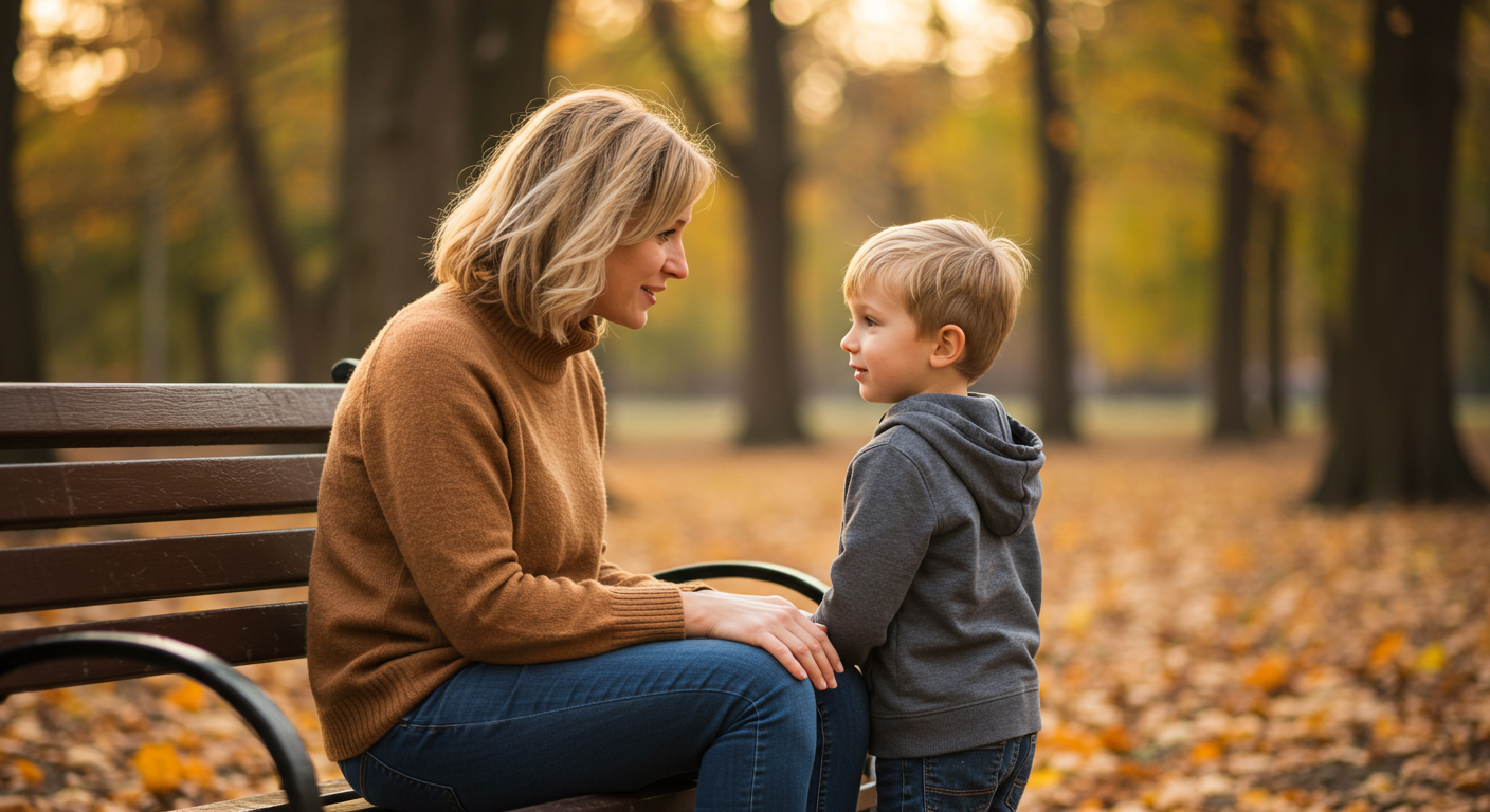 Мама слушает пятилетнего сына на скамейке в парке, окруженные осенними листьями