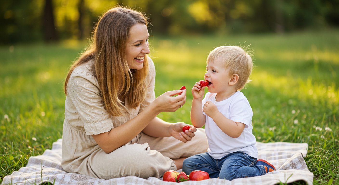 Мама смеется, пока сын кормит ее клубникой на пикниковом пледе