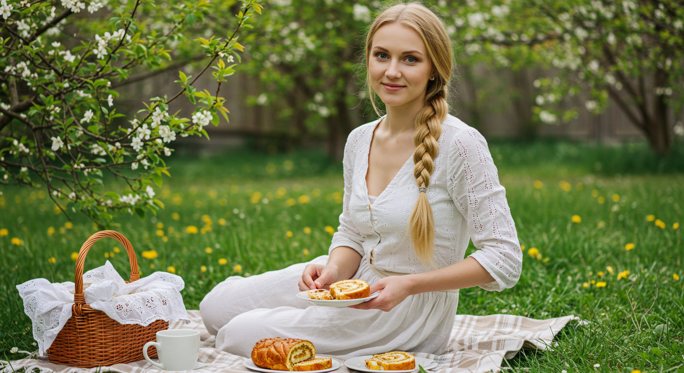 Мама угощает сына кусочками рулета из сала на пикнике в саду